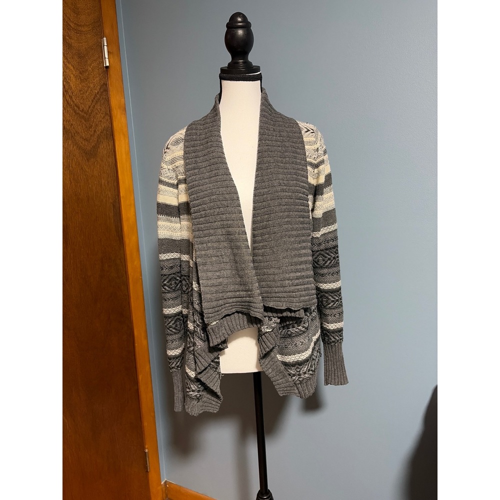 Forever 21 Womens Large Grey Fair Isle Open Front Shawl Collar Cardigan Sweater